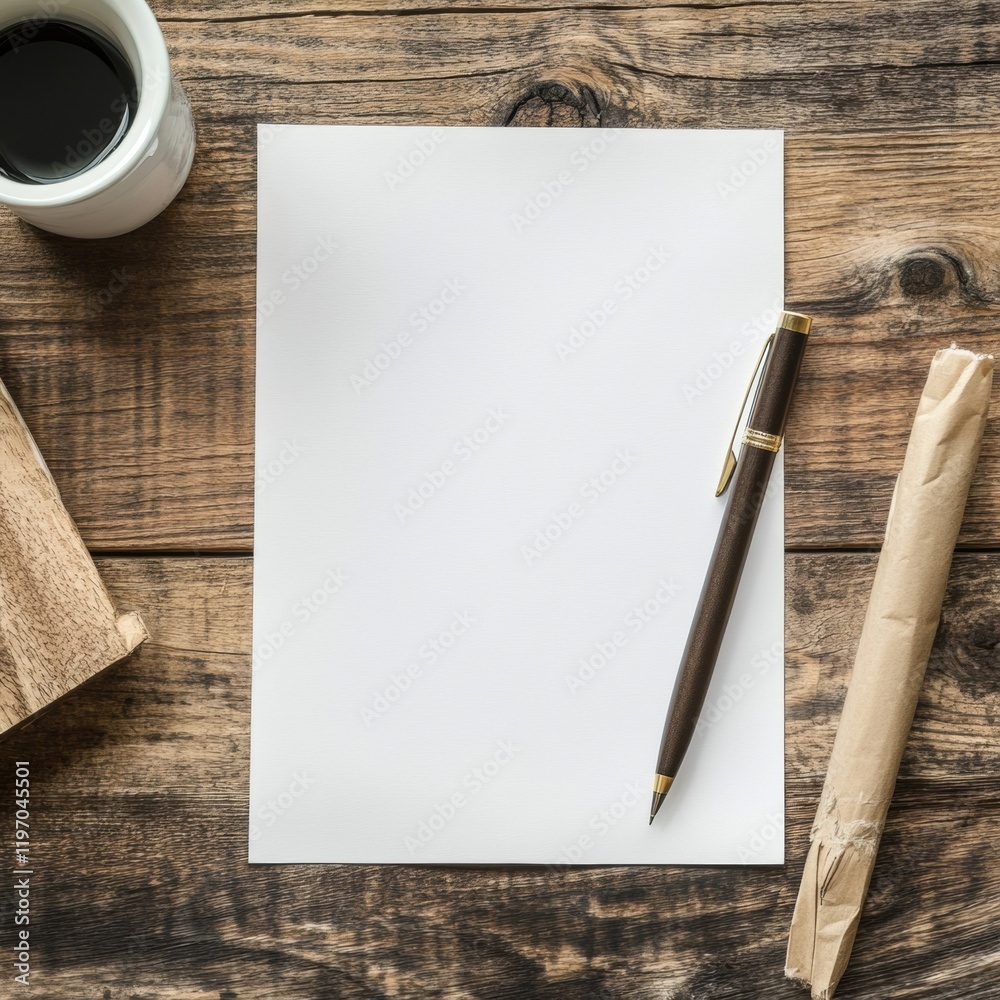 Poster Workspace with empty paper, pen, and coffee cup perfect for creating new ideas and notes. Generative AI