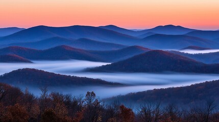 Sunrise over misty Appalachian Mountains; autumnal foliage; scenic landscape; travel poster