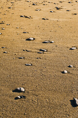 A minimalist beach scene showcasing a sandy shore dotted with scattered smooth stones. The golden sunlight highlights the textures of the sand and the natural shapes of the rocks, creating a tranquil 