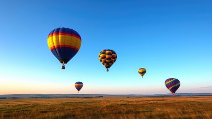 Obraz premium Hot air balloons soar over a vast field at dawn; peaceful travel adventure
