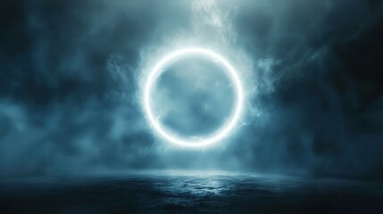 A glowing ethereal ring hovering amidst stormy clouds, emitting an otherworldly luminescence that contrasts with the dark, dramatic sky. Perfect for mystical and surreal fantasy themes.