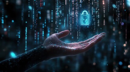 Hand holding digital lock, data stream background, cybersecurity concept