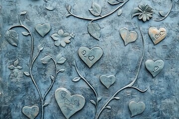 Obraz premium Embossed Hearts and Floral Vines on Textured Blue Background