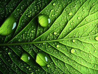 fresh green leaf covered with raindrops and highlighted by the sun