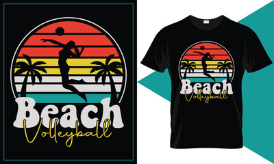 Beach Volleyball t-shirt design. Beach volleyball with palm-trees and game in action. Beach volleyball vintage typography silkscreen t-shirt print vector illustration. Volleyball t-shirt design...