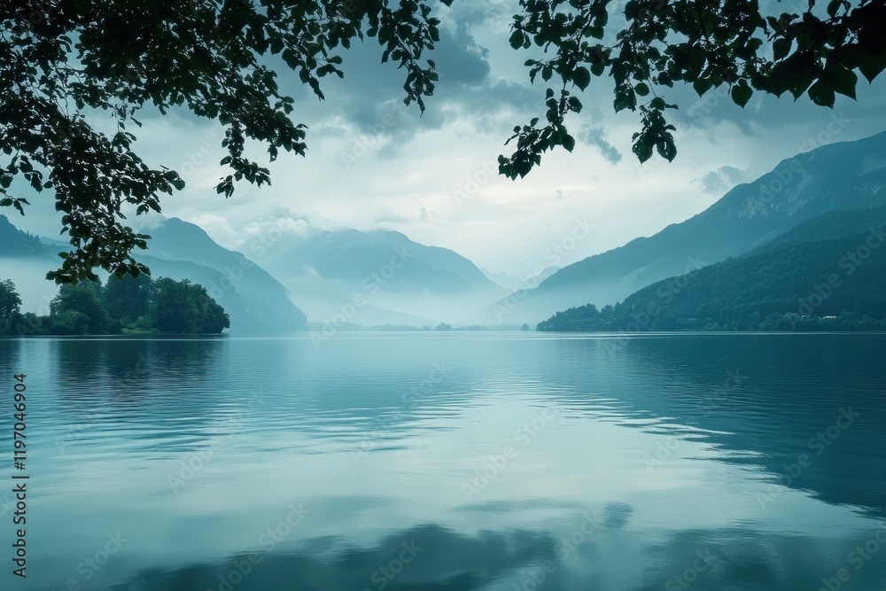 Aufkleber Serene lake view with mountains in the background and calm water reflecting the skys hues. Generative AI