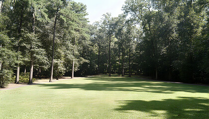 Obraz premium Serene park scene with lush green grass and tall trees casting shadows, perfect for relaxation or nature-themed projects.