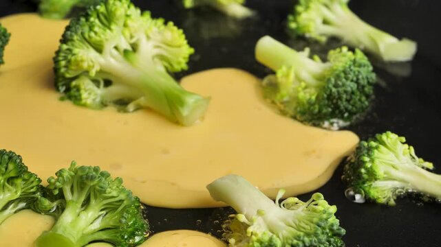 Cooking an omelet with the addition of broccoli pieces in a frying pan. Pouring a mixture of egg and milk into a frying pan. Vegetarian omelet. nutrition without meat and animal fat. omelet vegetable