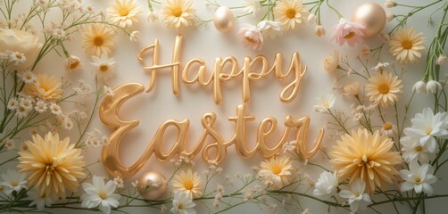 Golden eggs with white flowers and "Happy" glitter text.