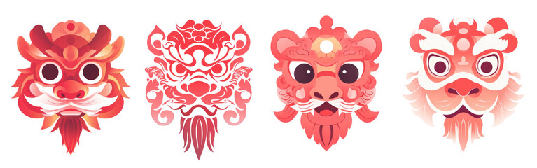Fototapeta premium PNG Vibrant traditional dragon masks, element set on transparent background