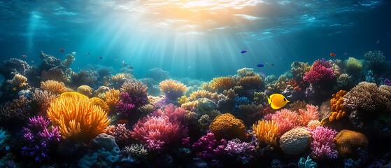 Obraz premium Vibrant coral reef teeming with colorful fish and sunlight.