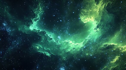 Naklejka premium Vibrant green aurora lighting up the night sky over a cosmic landscape