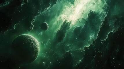 cosmic space in green tones with planets and celestial phenomena