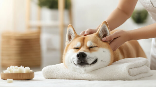 serene Basenji enjoying relaxing massage on soft towel, radiating calmness and comfort