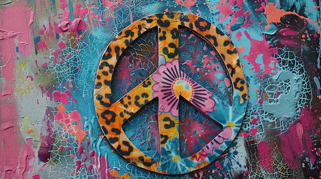 A peace sign with a leopard print design is adhered to a colorful, abstract background.