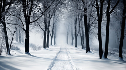 Obraz premium Misty Winter Forest Path Snow Covered Trees Ethereal Landscape Photography