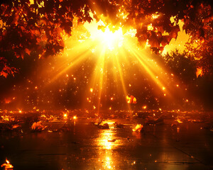 Magical autumn scene Sunbeams illuminate falling leaves on a wet ground, creating a warm, enchanting atmosphere.
