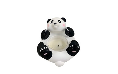 A 3D panda object lying on its back isolated against white background © TesDesigns
