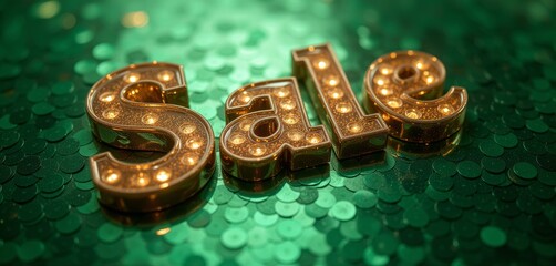Glittery gold "Sale" letters with green sparkling backdrop