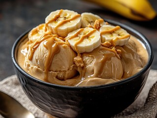 A creamy bowl of peanut butter and banana ice cream, with sliced bananas and a drizzle of peanut butter on top. 