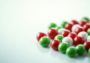 Obraz premium Colorful Arrangement of Red, Green, and White Spheres on a Smooth Surface, Ideal for Festive Backgrounds or Creative Designs and Illustrations
