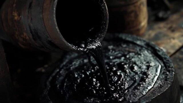 Thick black liquid tar is being poured from a container into a circular basin on a rough wooden surface. The workspace is dim and rustic, highlighting the craft of tar application