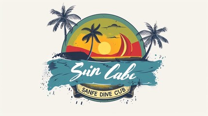Fototapeta premium A vintage-inspired logo featuring a tropical island with a sunset and a boat, palm trees and a banner that says 