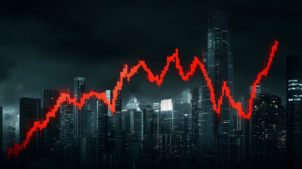 Economic downturn. A dark city skyline with a fluctuating red graph overlay, symbolizing financial trends and market volatility.