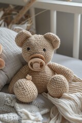 Fototapeta premium Wooden pacifier holder: Perfect with a cozy plush companion