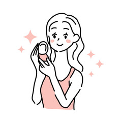 Minimalist duotone illustration of a beautiful young woman smiling and looking at the mirror. Simple kawaii line art.
