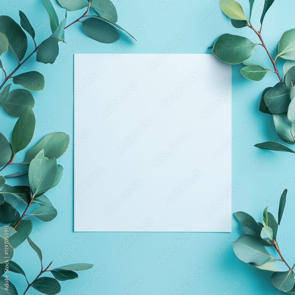 Aufkleber Copy space with fresh green leaves on a light blue background ready for text or design ideas. Generative AI