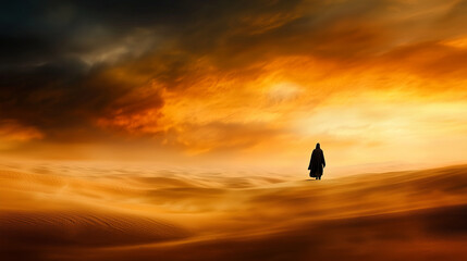 Solitary Pilgrim in Desert at Sunset