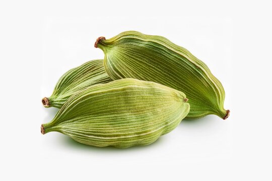 Elettaria cardamomum, commonly known as green cardamom or true cardamom seeds isolated on white background with clipping path and full depth of field