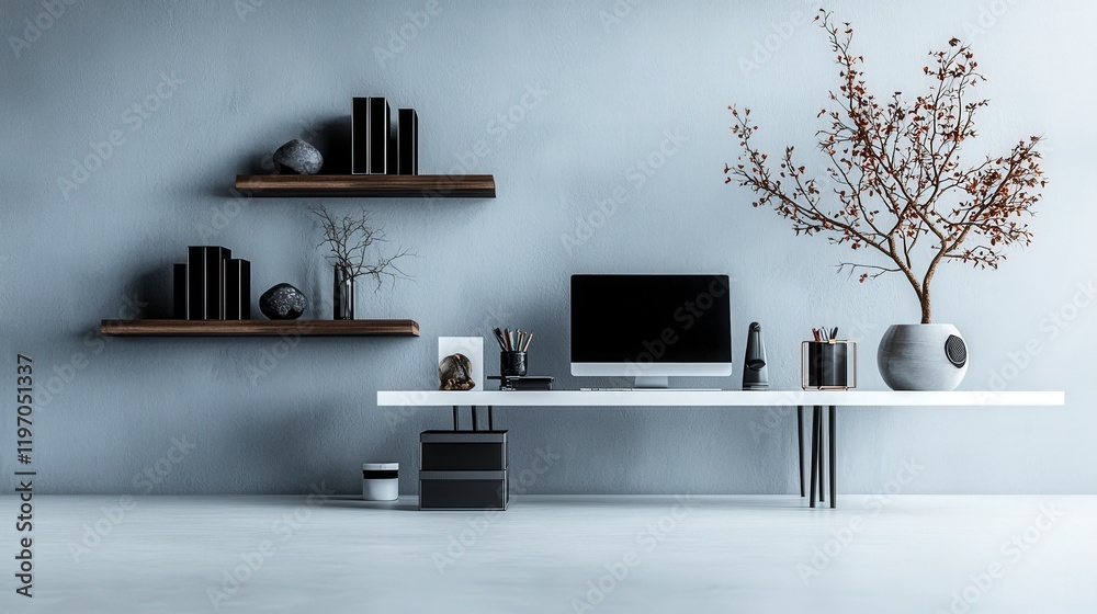 Poster Minimalist workspace design modern office digital and physical assets sleek environment inspiring viewpoint