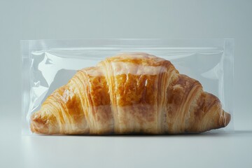Golden croissant in clear packaging, showcasing flaky layers and
