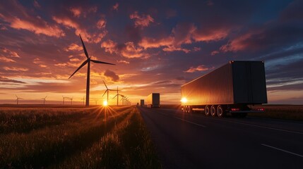 Sunset highway trucking, wind turbines, energy transport