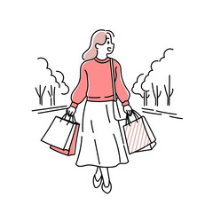 Stylish minimalist duotone illustration of a fashionable happy woman with shopping bags, wearing a pink sweater and long skirt, walking outdoors. Simple kawaii line art style