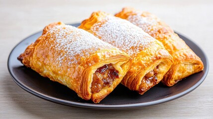 Delicious pastries dusted with sugar on a plate.  Food photography for recipe blogs or menus