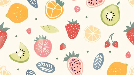 A seamless pattern of colorful fruits and berries, including strawberries, cherries, lemons, oranges, grapefruits, pears, and watermelon.