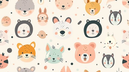 Fototapeta premium A seamless pattern of cute animal faces with black polka dots on a peach background.