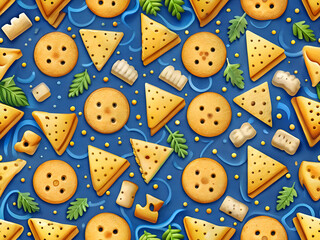 Obraz premium A seamless pattern of crackers and cheese on a blue background.