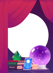 Vector illustration of round frame in fortune telling room with magic items, crystal ball, tarot cards, crystals.