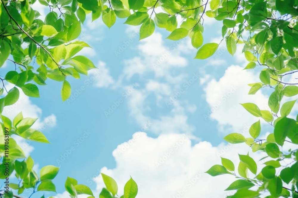 Poster fresh green leaves frame a bright blue sky with soft clouds creating a serene natural setting for re
