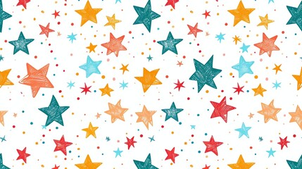 A seamless pattern of colorful stars and polka dots on a white background.