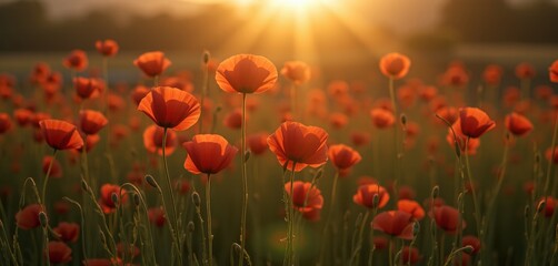 Fototapeta premium Orange poppies glowing in warm golden sunlight