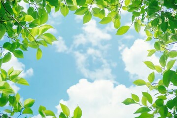 Obraz premium Fresh green leaves frame a bright blue sky with soft clouds creating a serene natural setting for relaxation or inspiration. Generative AI