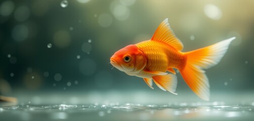 Goldfish gliding underwater with sunlight and air bubbles.