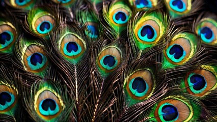 Macro close up Colorful peacock feathers, shallow dof texture of peacock feathers Beautiful background, rich color.Animal bird background