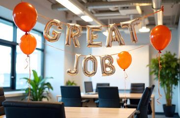 Employee Appreciation Day: Office Celebration. A decorated office features silver balloon letters spelling "GREAT JOB," with vibrant orange balloons celebrating Employee Appreciation Day.