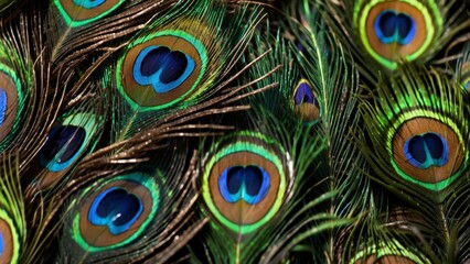 Obraz premium Macro close up Colorful peacock feathers, shallow dof texture of peacock feathers Beautiful background, rich color.Animal bird background